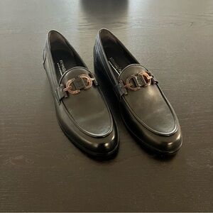 Donald J. Pliner Black Leather Loafers with Bronze Accent